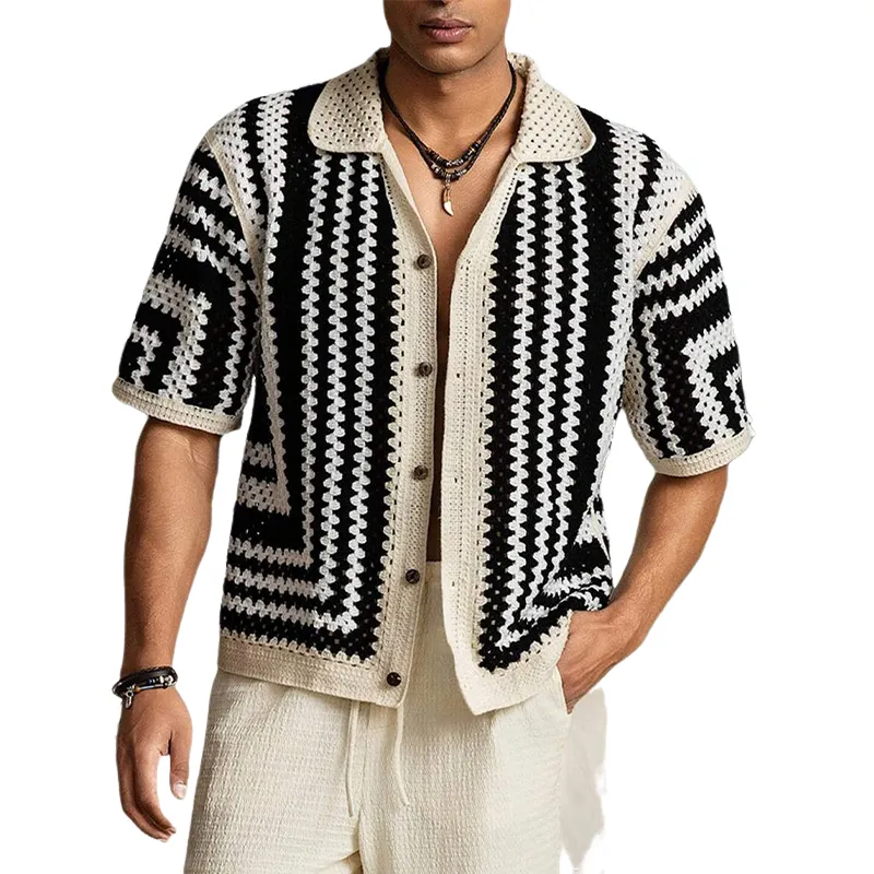 Men's Knitted Patchwork Contrast Lapel Short-sleeved Shirt 57394655X sold by Manly