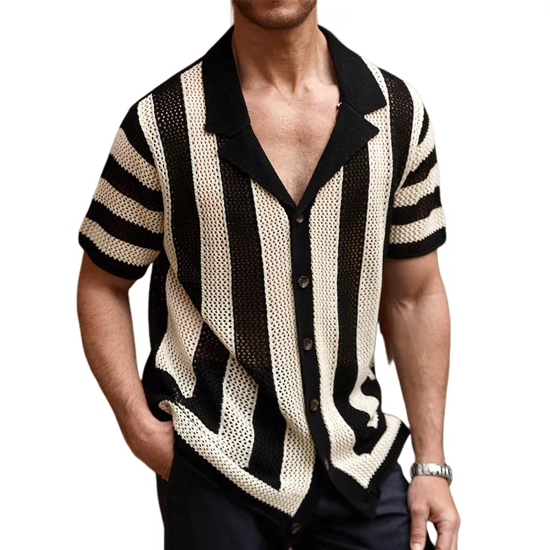 Men's Striped Knit Lapel Short Sleeve Shirt 80024702X sold by Manly