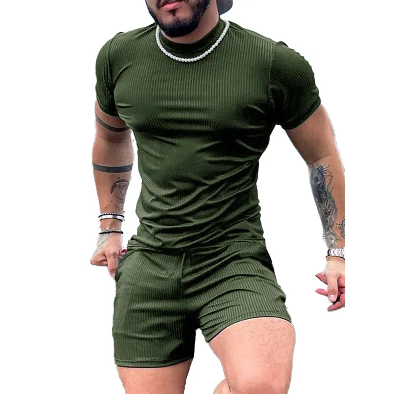 Men's Striped Textured Shorts Short Sleeve Two-Piece Set 06748568X sold by Manly