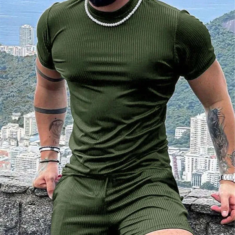 Men's Striped Textured Shorts Short Sleeve Two-Piece Set 06748568X sold by Manly product image thumbnail 2