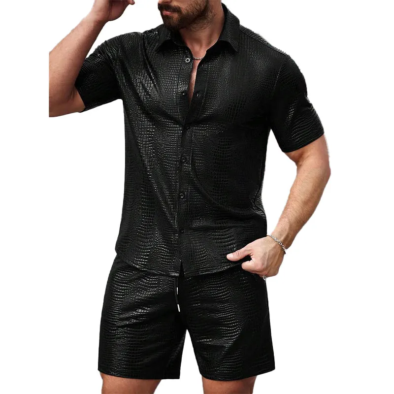 Men's Textured Leather Short-sleeved Shorts Two-piece Set 99132430X made by Manly