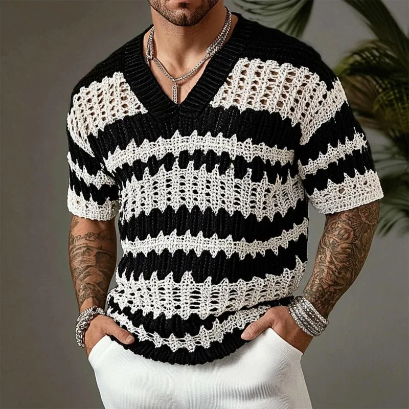 【24-hour shipping out】Men's Knitted Contrast Color V-neck Short-sleeved Sweater T-Shirt 14944957X sold by Manly product image thumbnail 2