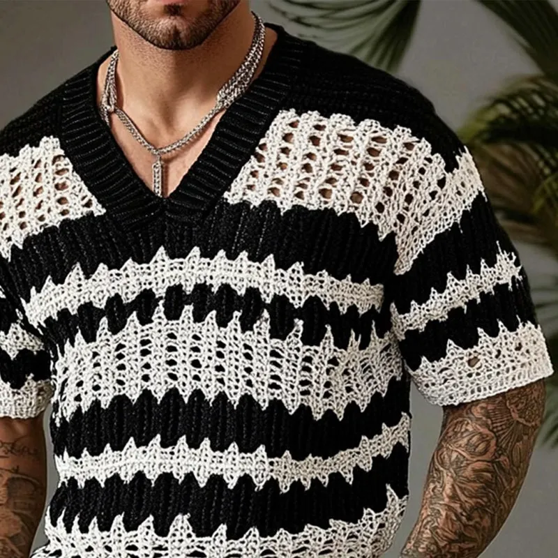【24-hour shipping out】Men's Knitted Contrast Color V-neck Short-sleeved Sweater T-Shirt 14944957X sold by Manly product image thumbnail 3