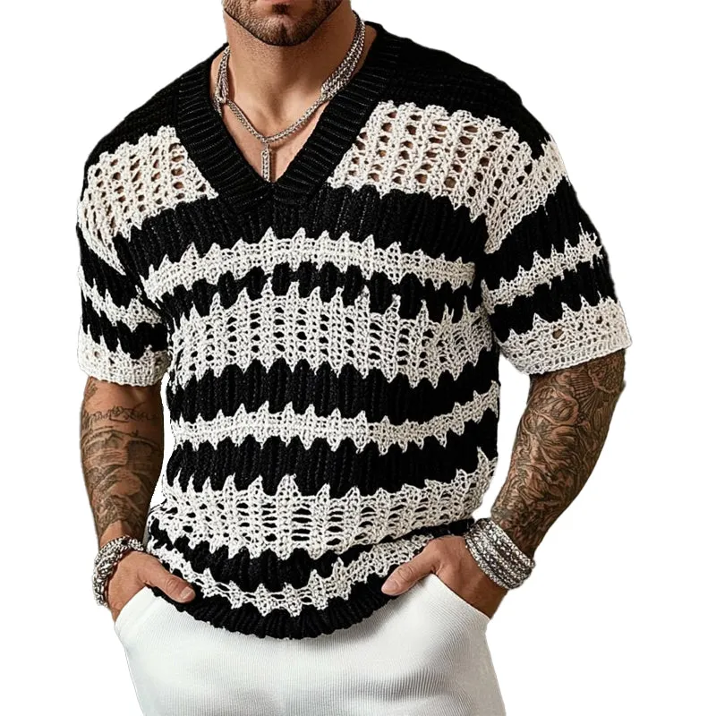 【24-hour shipping out】Men's Knitted Contrast Color V-neck Short-sleeved Sweater T-Shirt 14944957X sold by Manly
