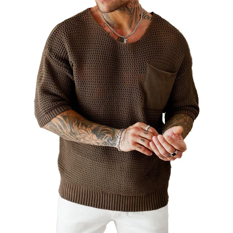 Men's Knitted Loose Pocket Short Sleeve Sweater 25998584X sold by Manly