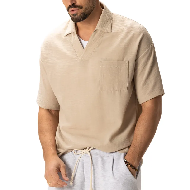 Men's Solid Color Pleated Cotton And Linen Lapel Pullover Short Sleeve Casual Shirt 96389762Z sold by Manly