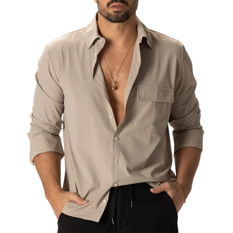 Men's Solid Color Loose Lapel Chest Pocket Long Sleeve Shirt 98158199Z sold by Manly