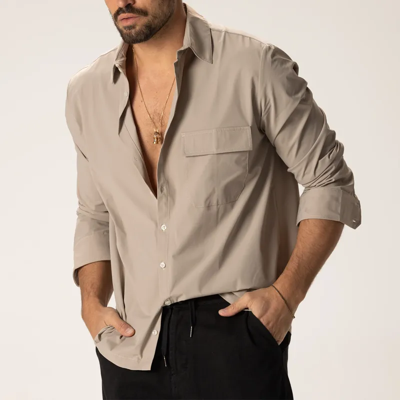 Men's Solid Color Loose Lapel Chest Pocket Long Sleeve Shirt 98158199Z sold by Manly product image thumbnail 3