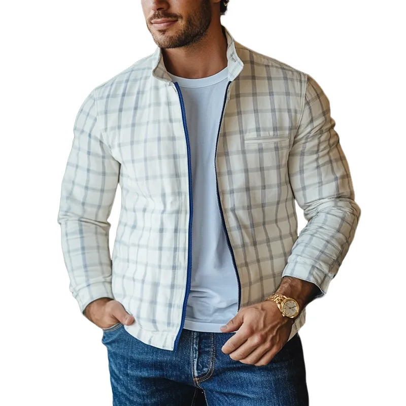 Men's Spring And Summer Plaid Stand Collar Zipper Jacket 21310302Z sold by Manly