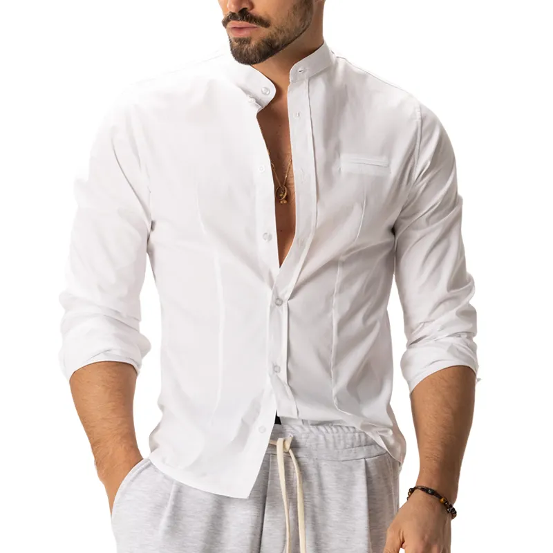Men's Solid Stand Collar Chest Pocket Long Sleeve Shirt 28942280Z sold by Manly