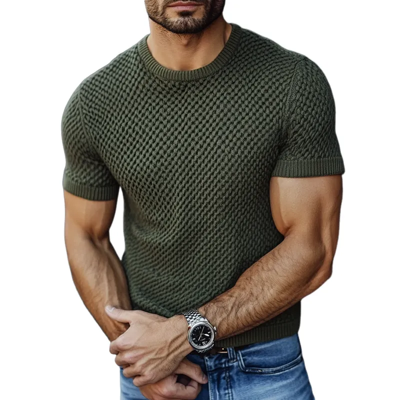 Men's Fashion Solid Knit Round Neck Short Sleeve Casual Sweater 49787629Z sold by Manly