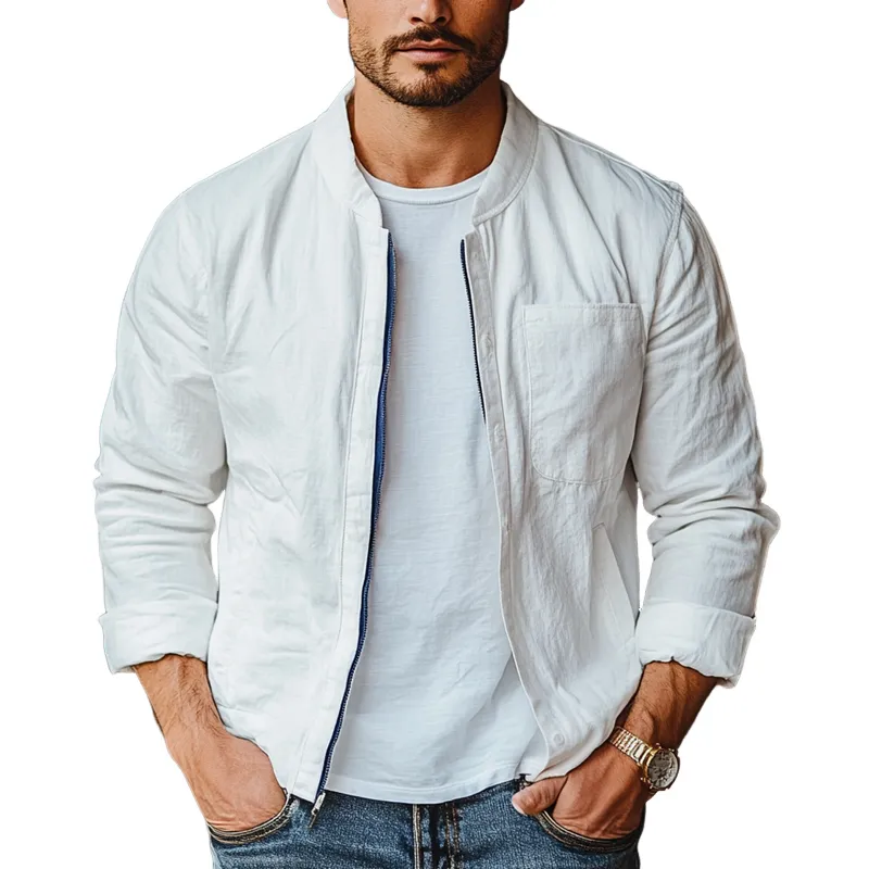 Men's Spring And Summer Solid Cotton And Linen Chest Pocket Zipper Jacket 00602486Z sold by Manly
