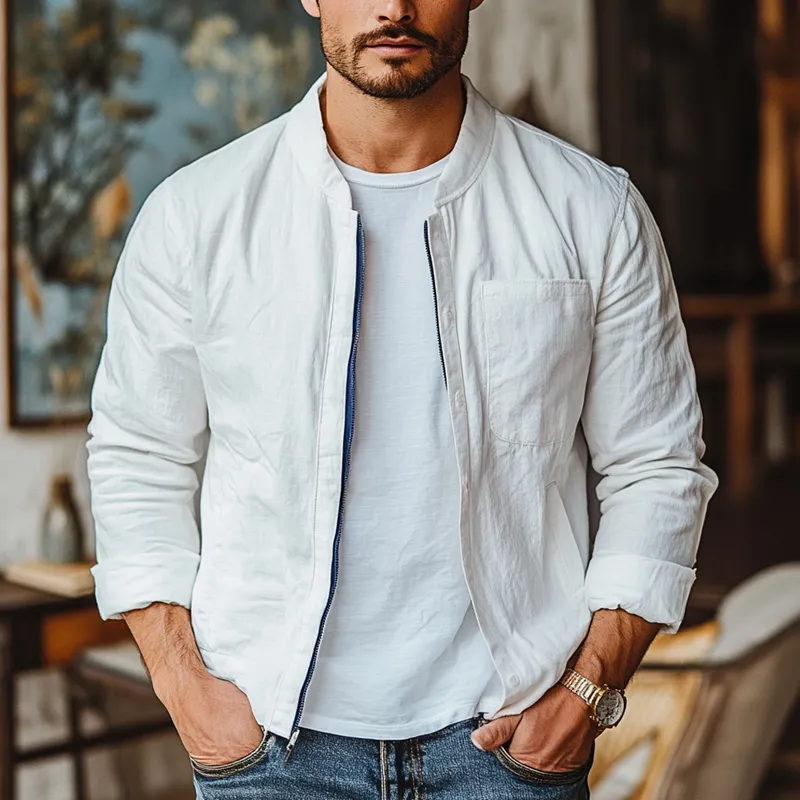 Men's Spring And Summer Solid Cotton And Linen Chest Pocket Zipper Jacket 00602486Z sold by Manly product image thumbnail 2