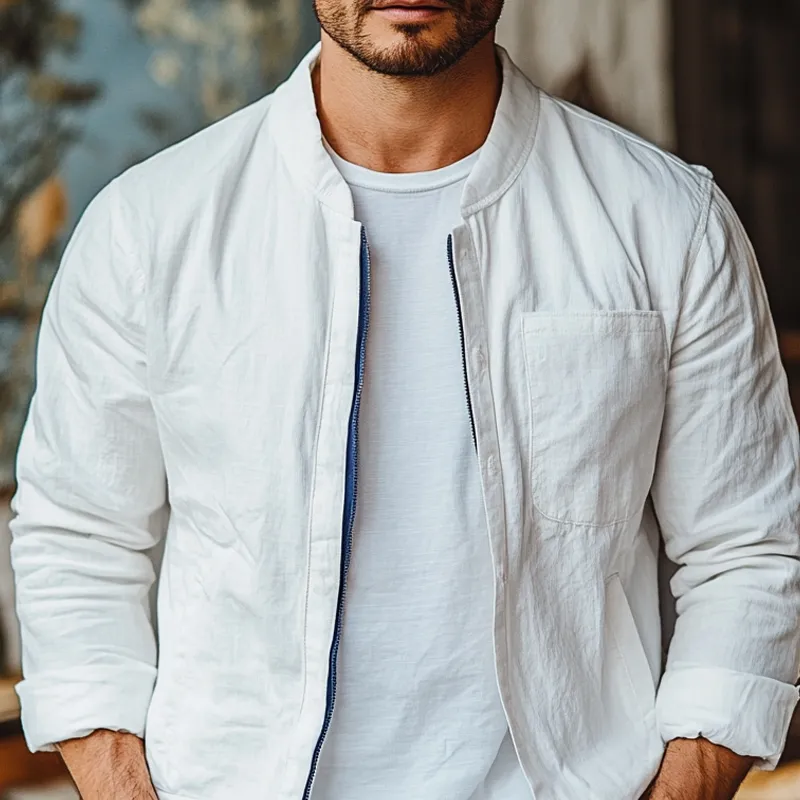 Men's Spring And Summer Solid Cotton And Linen Chest Pocket Zipper Jacket 00602486Z sold by Manly product image thumbnail 3