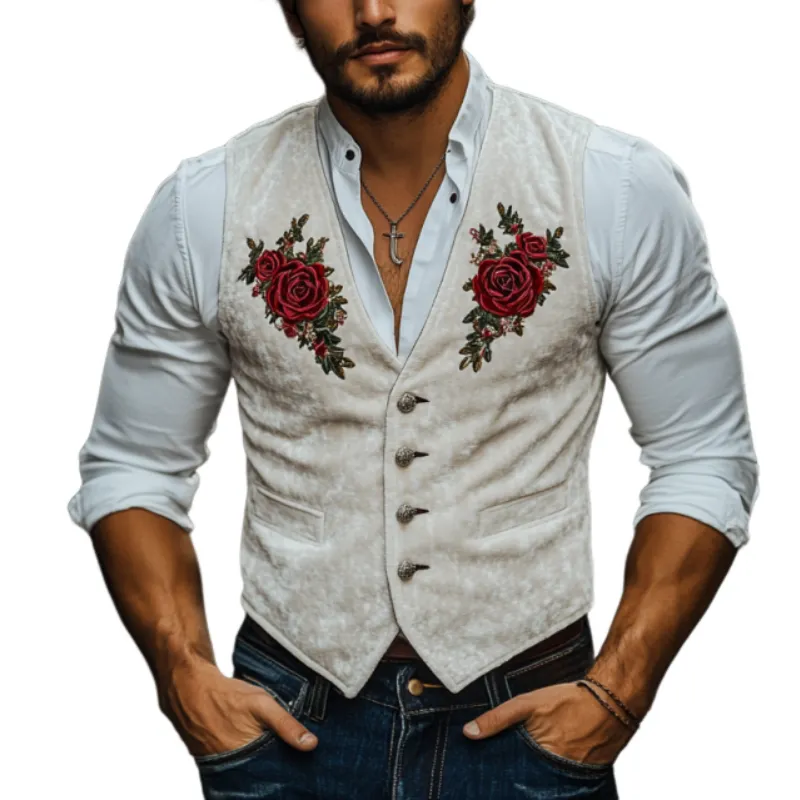 Men's Classic Casual American Retro Velvet Rose Embroidered Vest 97234017K sold by Manly