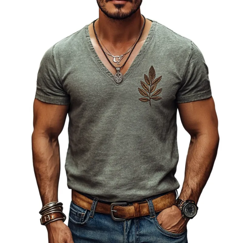 Men's Casual Cotton Washed Embroidered V-Neck Slim Short Sleeve T-Shirt 19590614M sold by Manly