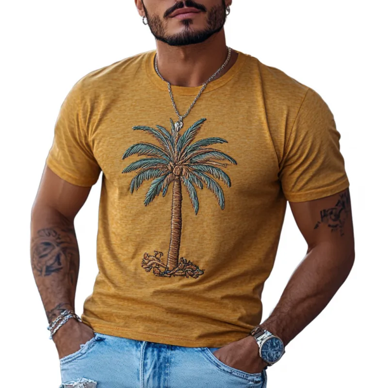 Men's Casual Cotton Coconut Tree Embroidery Round Neck Slim Fit Short Sleeve T-Shirt 69824391M sold by Manly