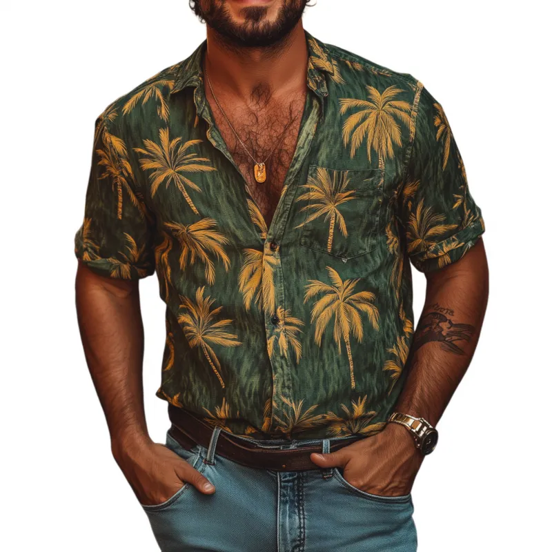 Men's Casual Palm Tree Print Lapel Loose Short Sleeve Shirt 44206763M sold by Manly