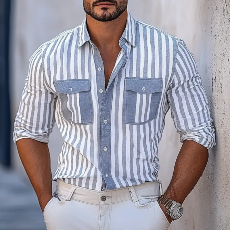 Men's Casual Stripe Print Lapel Chest Pocket Slim Fit Long Sleeve Shirt 06771135M sold by Manly product image thumbnail 2