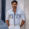 Men's Casual Stripe Print Lapel Chest Pocket Slim Fit Long Sleeve Shirt 06771135M sold by Manly