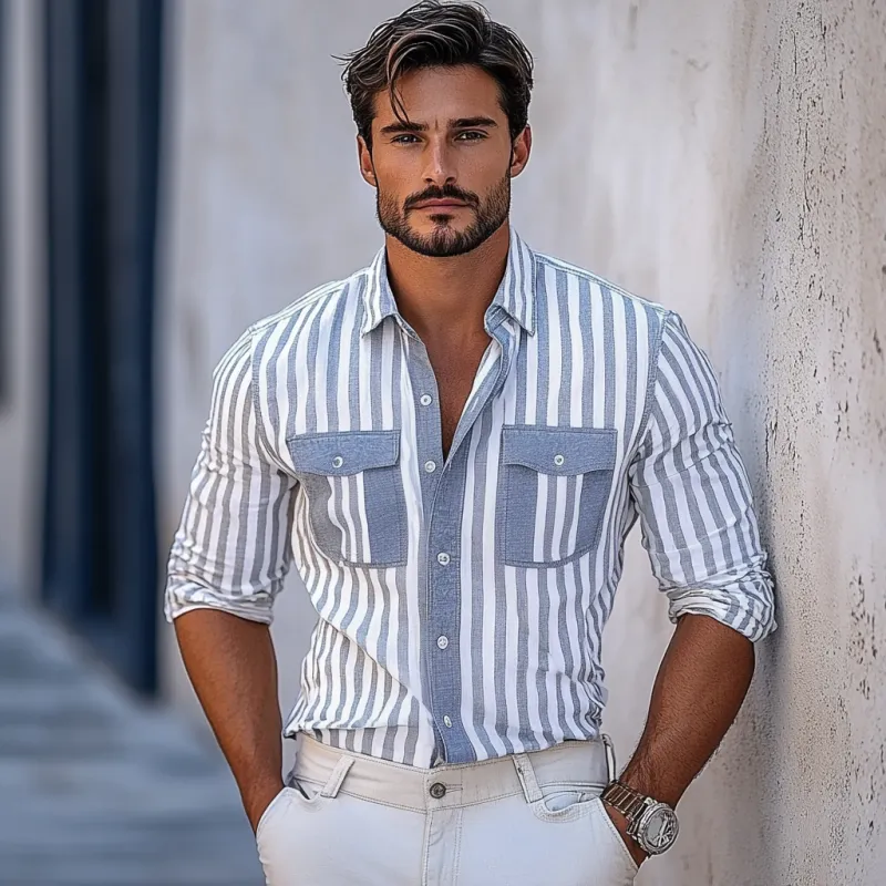 Men's Casual Stripe Print Lapel Chest Pocket Slim Fit Long Sleeve Shirt 06771135M sold by Manly product image thumbnail 3