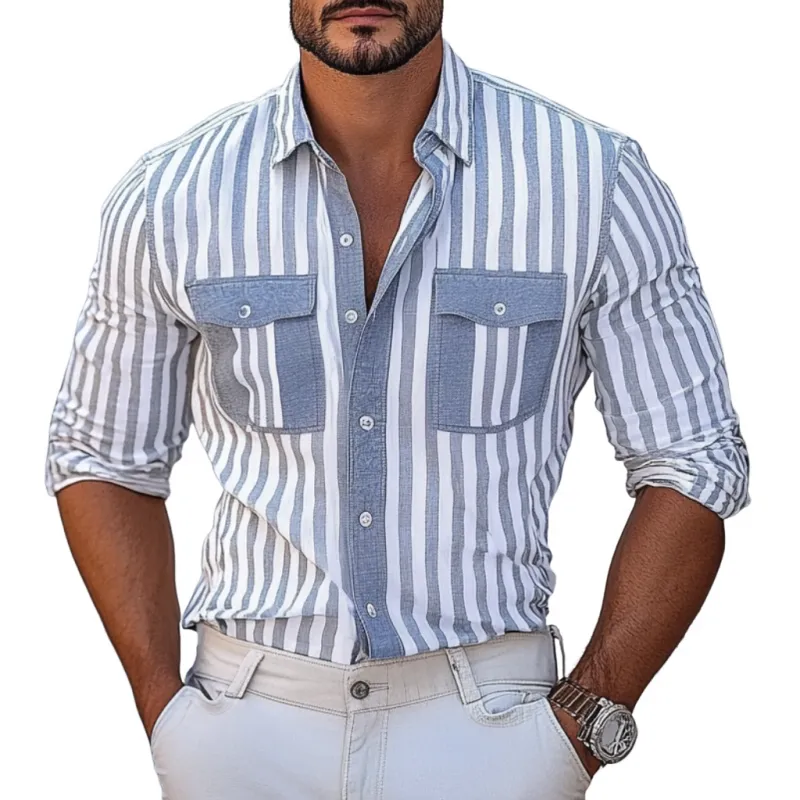 Men's Casual Stripe Print Lapel Chest Pocket Slim Fit Long Sleeve Shirt 06771135M sold by Manly