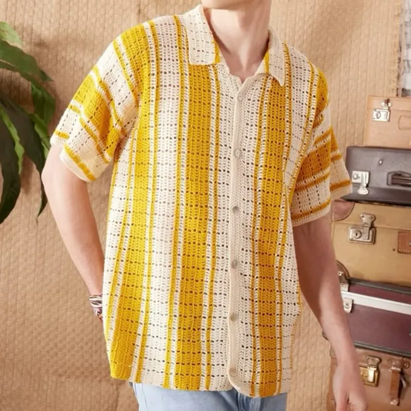 Men's Casual Contrast Striped Lapel Single-breasted Knitted Short-sleeved Cardigan 15155943M sold by Manly product image thumbnail 3