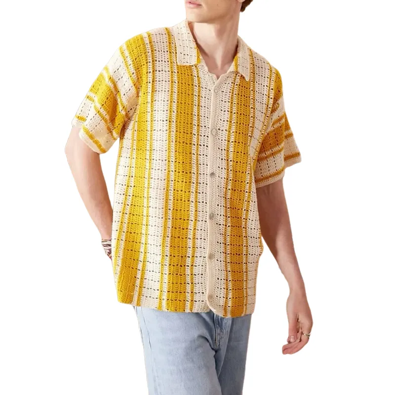 Men's Casual Contrast Striped Lapel Single-breasted Knitted Short-sleeved Cardigan 15155943M sold by Manly