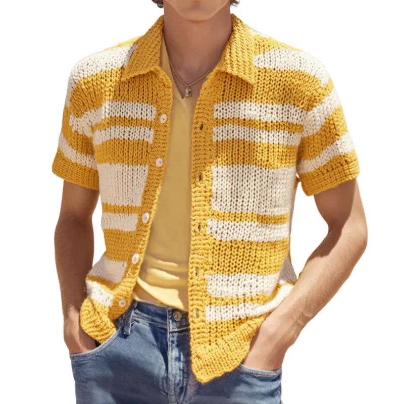 Men's Casual Contrast Striped Lapel Single-breasted Knitted Short-sleeved Cardigan 43823372M sold by Manly
