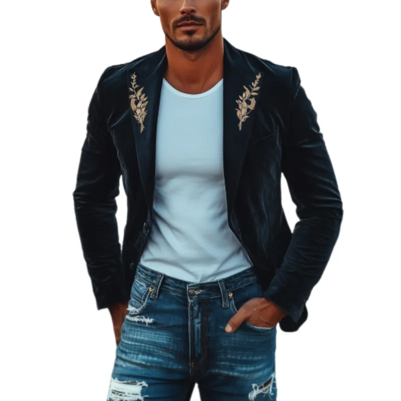 Men's Fashion American Retro Slim Velvet Embroidered Blazer 21054858K sold by Manly