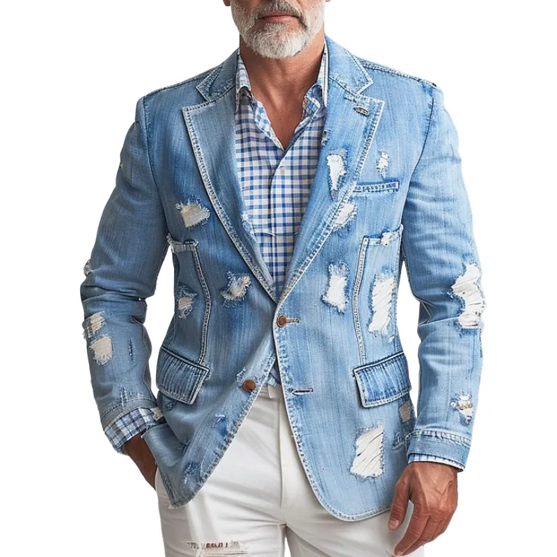 Men's Fashion Retro Casual Washed Denim Ripped Single Breasted Blazer 08862767K sold by Manly
