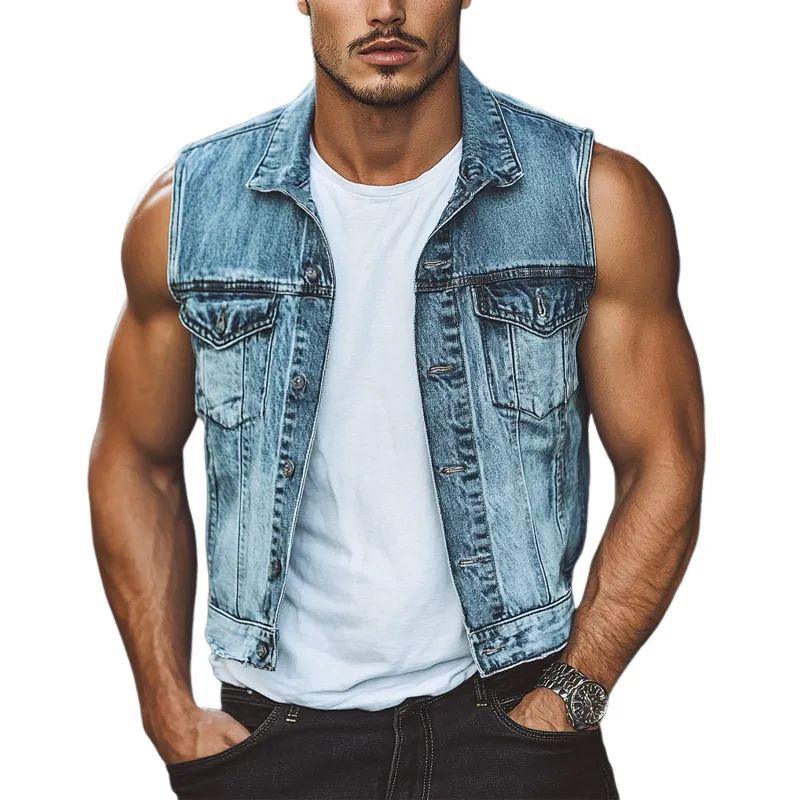 Men's Vintage Blue Washed Denim Button Vest 77078676U sold by Manly