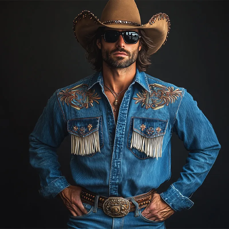 Men's Vintage Dark Blue Embroidered Tassel Western Denim Shirt 61326178U sold by Manly product image thumbnail 2