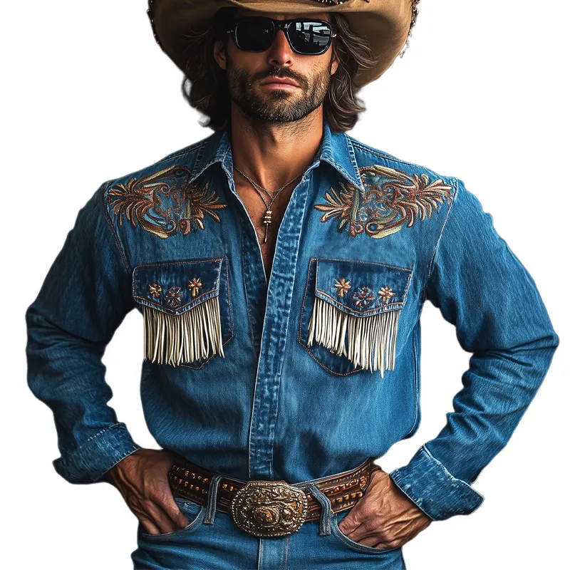 Men's Vintage Dark Blue Embroidered Tassel Western Denim Shirt 61326178U sold by Manly