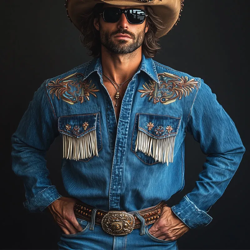 Men's Vintage Dark Blue Embroidered Tassel Western Denim Shirt 61326178U sold by Manly product image thumbnail 3