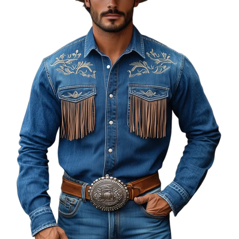 Men's Vintage Dark Blue Embroidered Tassel Western Denim Shirt 10512468U sold by Manly