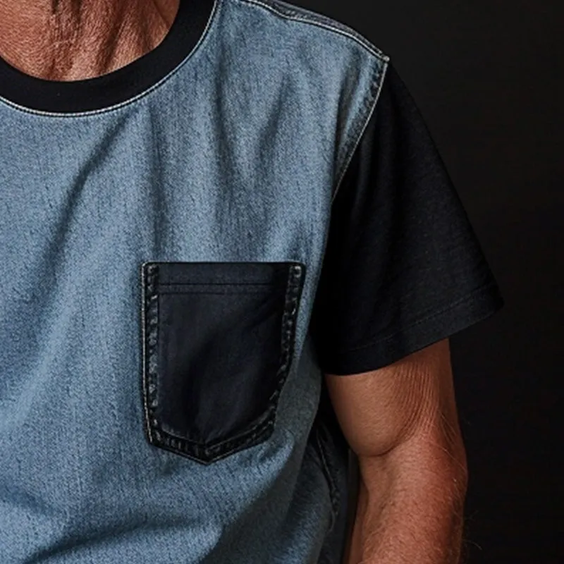 Men's Thin Denim Ptachwork Round Neck Short Sleeve T-Shirt 53347359P sold by Manly product image thumbnail 3