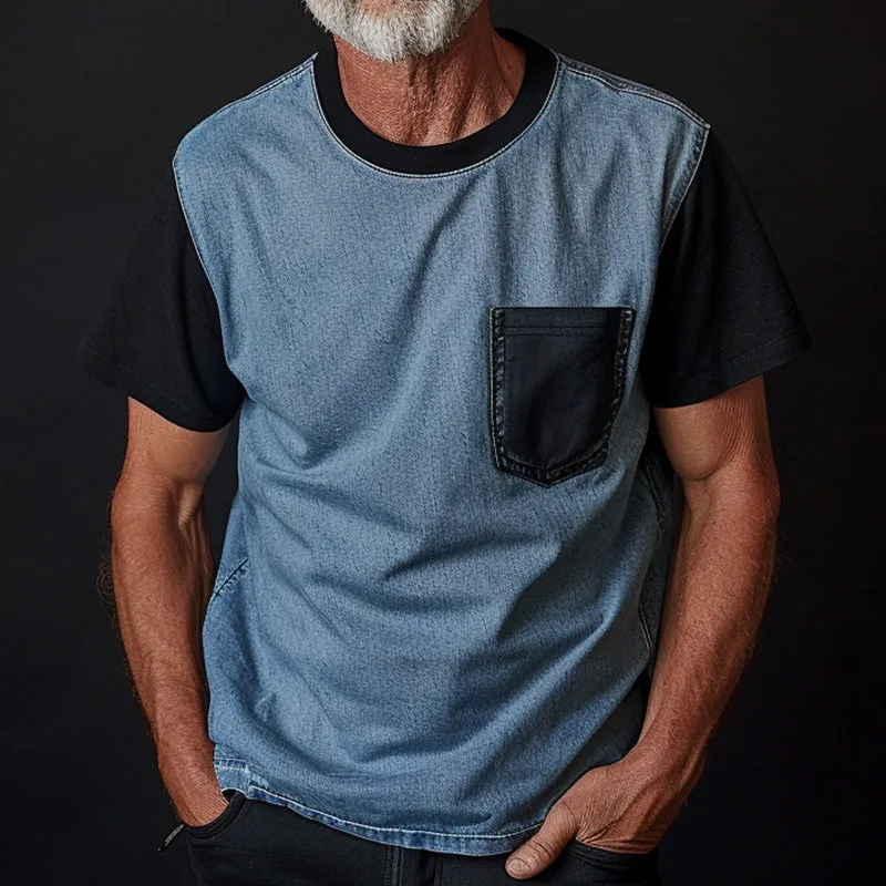 Men's Thin Denim Ptachwork Round Neck Short Sleeve T-Shirt 53347359P sold by Manly product image thumbnail 2