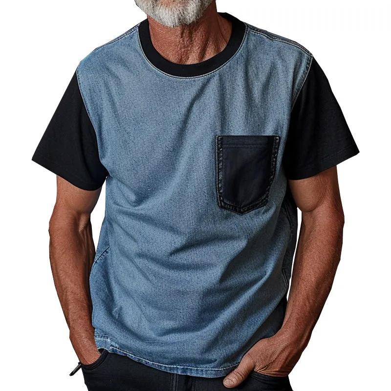 Men's Thin Denim Ptachwork Round Neck Short Sleeve T-Shirt 53347359P sold by Manly