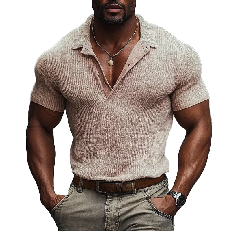 Men's Solid Color Woolen Slim Fit Short-sleeved Polo Shirt 52323107P sold by Manly