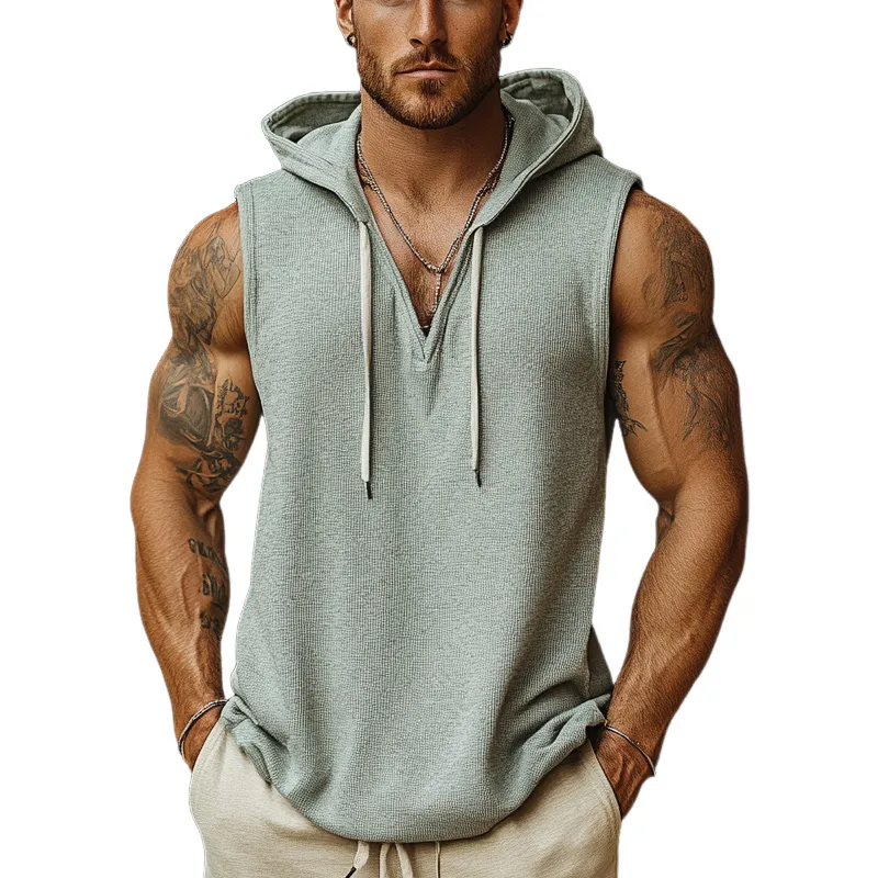Men's Light Green Textured Casual Hooded Tank Top 80968843U sold by Manly