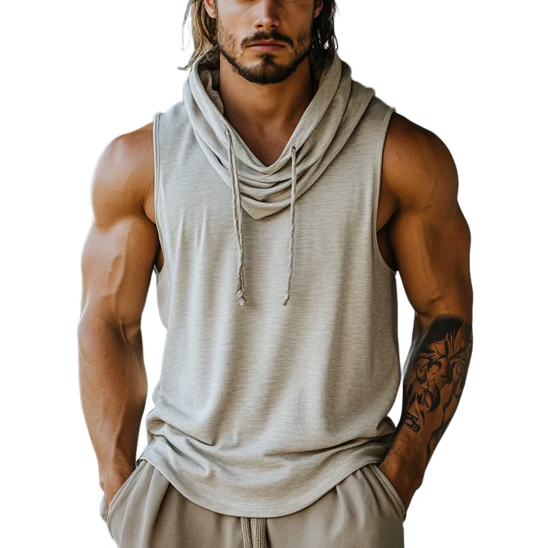 Men's Light Gray Hooded Casual Cotton Tank Top 94258400U sold by Manly