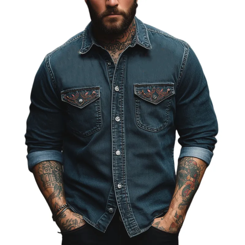 Men's Vintage Blue Embroidered Washed Denim Long Sleeve Shirt 85620161U sold by Manly