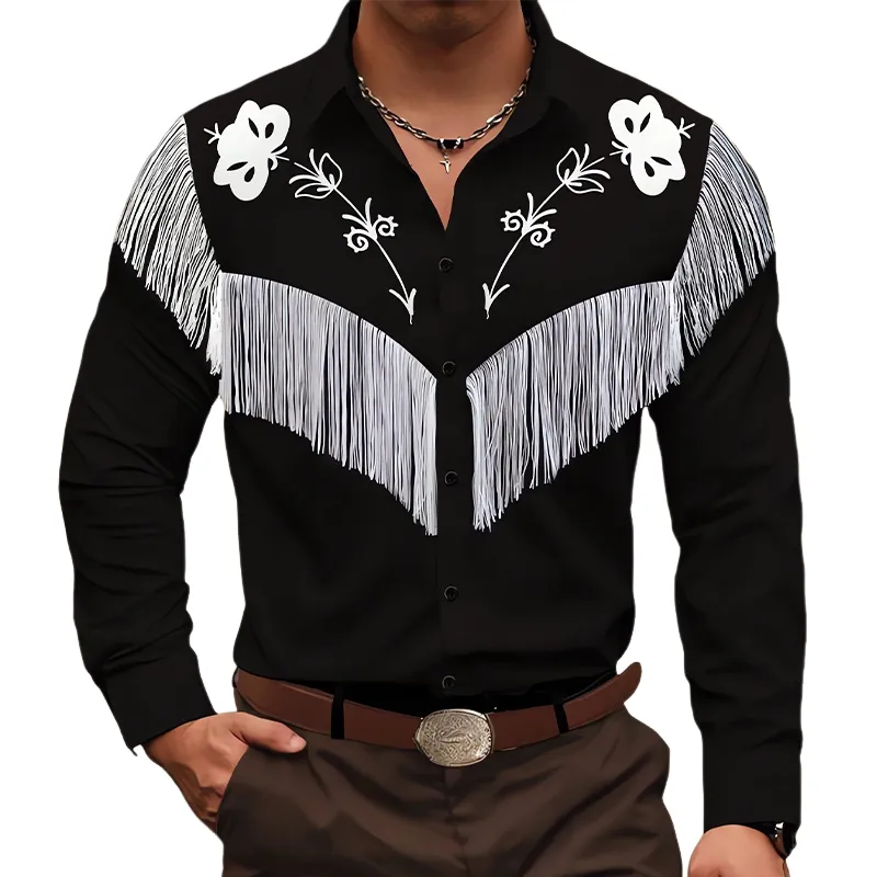 Men's Vintage Embroidered Tassel Long Sleeve Cotton Shirt 67104892U sold by Manly