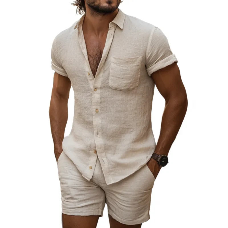 Men's Casual Linen Lapel Short Sleeve Shirt Elastic Waist Shorts Set 24545982M sold by Manly