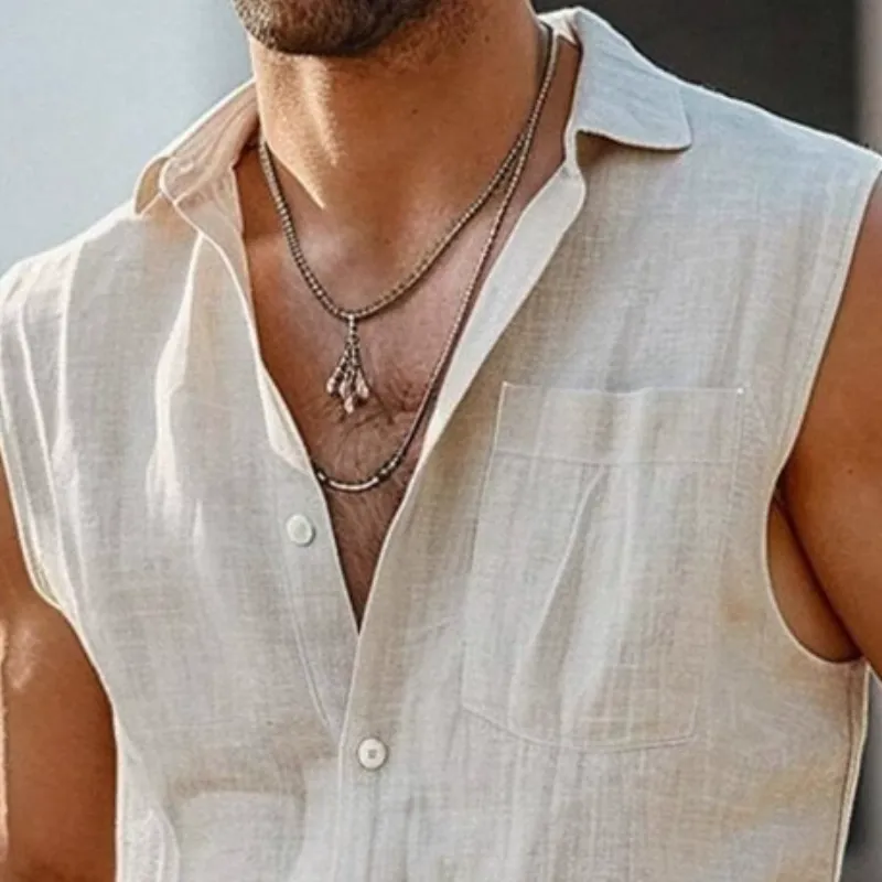 Men's Casual Linen Lapel Sleeveless Shirt Elastic Waist Loose Shorts Set 60880237M sold by Manly product image thumbnail 3