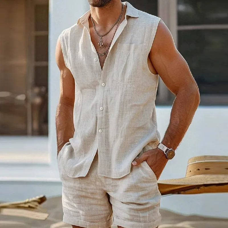 Men's Casual Linen Lapel Sleeveless Shirt Elastic Waist Loose Shorts Set 60880237M sold by Manly product image thumbnail 2