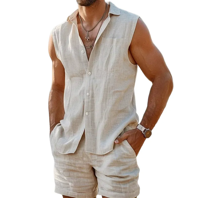 Men's Casual Linen Lapel Sleeveless Shirt Elastic Waist Loose Shorts Set 60880237M sold by Manly