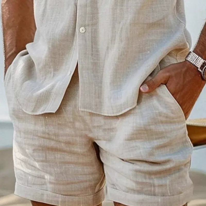 Men's Casual Linen Lapel Sleeveless Shirt Elastic Waist Loose Shorts Set 60880237M sold by Manly product image thumbnail 4