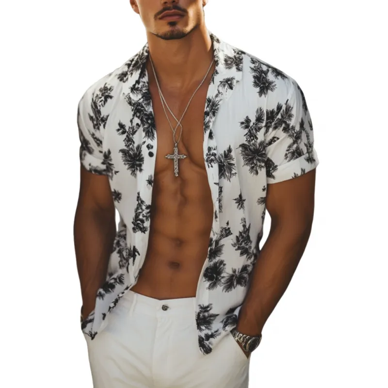 Men's Casual Printed Lapel Loose Short-sleeved Shirt 95257712M sold by Manly